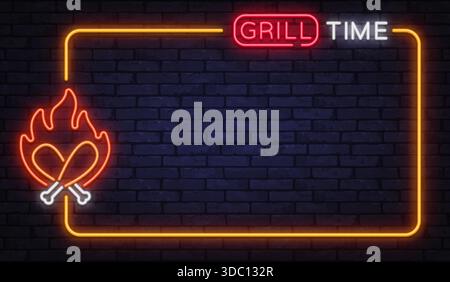 Hot neon vector frame with grill time sign and flaming meat icon. Ideal for barbecue ads, summer events, and outdoor cooking promotions. Stock Vector