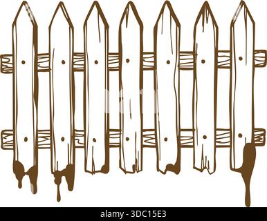 Rustic sketch of a long wooden picket fence with vertical boards and hardware details Stock Vector