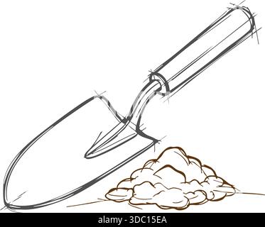 Hand drawn illustration of a handheld garden trowel scooping a small mound of soil for planting or potting tasks Stock Vector