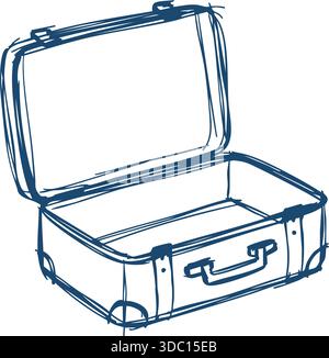 Ink style illustration of an empty open suitcase with latches and handle prepared for packing Stock Vector