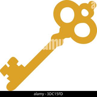 Stylized vintage skeleton key with ornate bow depicted in warm golden tone Stock Vector