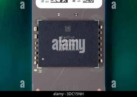 Closeup, macro image of a SanDisk 060681 256Gb DRAM flash memory chip on a NVMe SSD Stock Photo