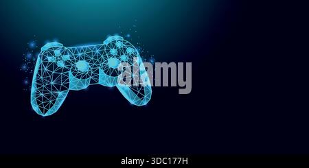Low poly wireframe game controller on dark blue background. Stock Vector