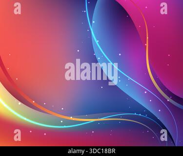 Abstract Vibrant Gradient Background with Luminous Flowing Fluid Waves and Sparkling Light Effect, Modern Dynamic Digital Art Wallpaper for Creative D Stock Vector