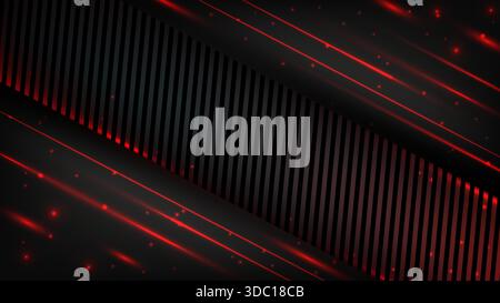 Abstract futuristic dark background with sharp diagonal layers and glowing red neon light streaks on metallic ribbed texture for technology and gaming Stock Vector