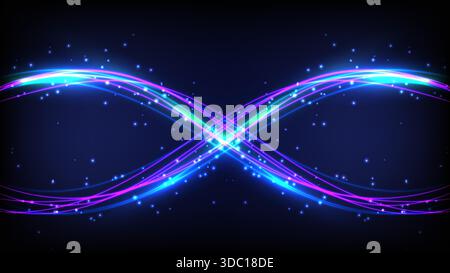 vibrant symmetrical infinity loop of flowing neon light trails in electric blue and magenta on dark background. futuristic design dynamic energy and m Stock Vector