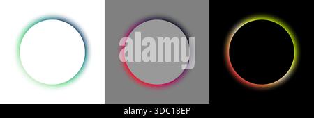 three minimalist circles with vibrant neon glows on neutral backgrounds created for web designers seeking sleek 3d depth and modern UI elements Stock Vector