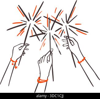 Hand drawn doodle crayon people hands with sparkles celebrating New Year night. Friends raising bengal fire. Burning bengal fires, silvesters, firecra Stock Vector