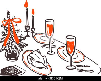 Hand drawn doodle crayon festive vintage Christmas dinner table with celebration chicken, turkey, Christmas tree, candles, bottle of wine and wineglas Stock Vector