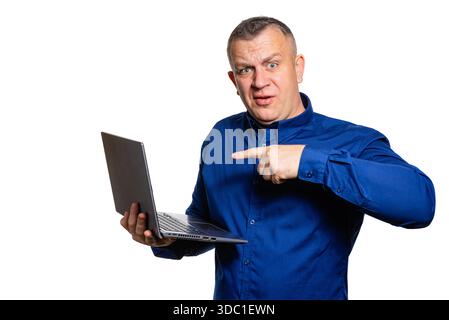 Man pointing at laptop screen, online training, presentation or support concept Stock Photo