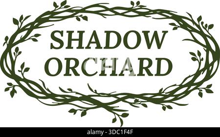 Decorative botanical logo reading Shadow Orchard inside an oval wreath of intertwined leafy branches. Stock Vector