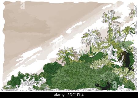 Sketch-style impressionnist painting,Aerial view of tropical garden by the beach,Digital illustration vector image Stock Vector