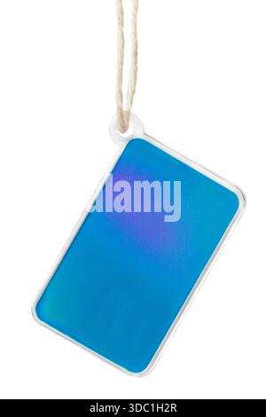 Blank plastic blue tag trinket hanging on a lace isolated over white Stock Photo