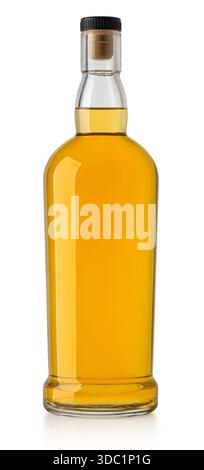 Whiskey bottle filled with golden amber alcohol liquid, isolated on white background Stock Photo
