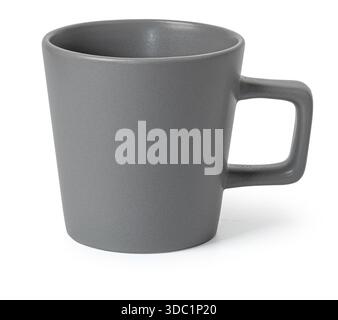 Grey matte ceramic mug for hot beverages, standing isolated on a white background Stock Photo