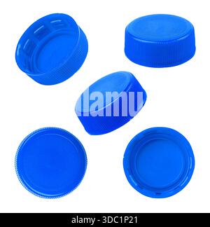 Group of blue plastic bottle caps isolated on white background for recycling use Stock Photo