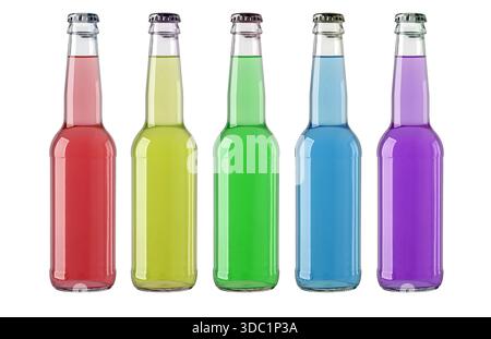 Row of colorful beverage bottles on a transparent background, offering refreshing drinks Stock Photo