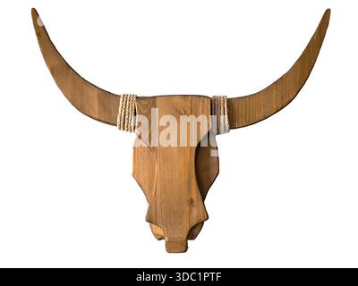 Wooden bull skull with horns and decorative rope, isolated on a transparent background Stock Photo