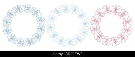 Three simple wreaths are shown against a white background. The wreaths are made up of small bows sketched in blue, light blue, and pink, creating a de Stock Vector