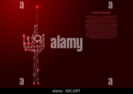 5G wireless Internet communication tower from futuristic polygonal red lines and glowing stars for banner, poster, greeting card Stock Vector