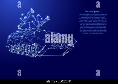 anti-aircraft missile launcher mounted on tracked combat vehicle from futuristic polygonal blue lines and glowing stars for banner, poster, greeting c Stock Vector