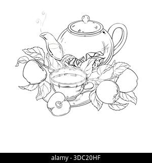 Apple Tea in Teapot Outline Illustration. Stock Vector