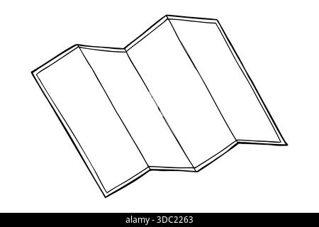 Blank sheet of paper folded in four parts vector isolated illustration. Clean template line art black ink sketch for creating travel guides Stock Vector