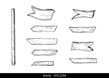 Wooden arrow pointers and separate supporting post vector isolated clip art painted by black inks. Hand drawn tourist signs elements Stock Vector
