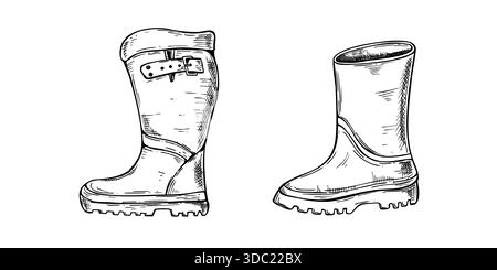 Rubber boots in various styles vector line art black ink sketch. Waterproof footwear for hiking and city walks through puddles. For illustrating Stock Vector