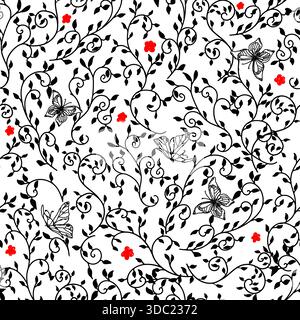 Cute seamless patterns of twigs and leaves. Vector illustration. A drawing of spring foliage and red hearts, isolated on white background. Suitable Stock Vector