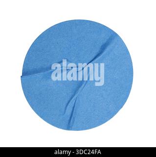 Blue circular paper sticker showing wrinkles and texture. Transparent background offering ample copy space for text, price, or branding Stock Photo