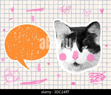 Black and white vector cat halftone collage face with open mouth and speech bubble, Half tone funny kitty head on plaid paper background Stock Vector