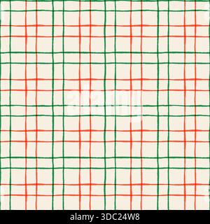 Christmas red and green painted checked pattern, Doodle plaid holiday background, wrapping paper design Stock Vector