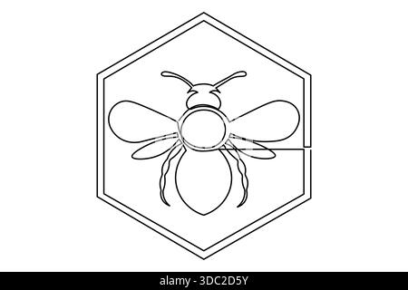 Continuous line drawing bee in hexagonal frame logo Stock Vector