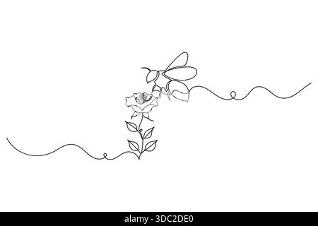 Bee pollinating rose continuous line drawing floral insect design Stock Vector