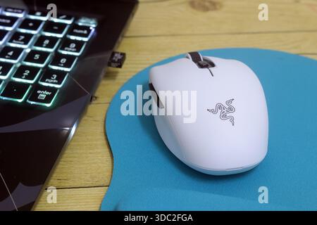 Kulai, Malaysia – December 17, 2025: Razer Orochi v2 white ultra-lightweight wireless gaming mouse a wooden desk with a blue mouse pad Stock Photo