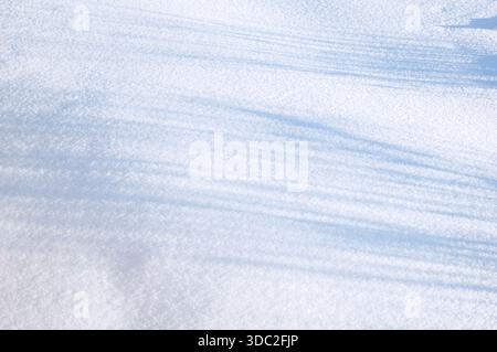 Abstract background of fresh snow surface with soft blue shadows in winter sunlight, high angle minimal texture for seasonal design, copy space, Chris Stock Photo