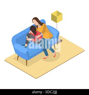3D Isometric Flat Set of Parent Support Scenes, Happy Loving Families. Item 2 Stock Photo