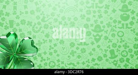 St Patricks day illustration in flat style with green background and various symbols. Stock Vector
