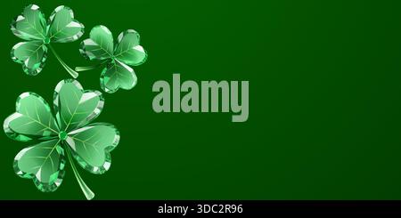 St Patricks day illustration with shiny four-leaf clovers on dark green background in digital art style. Stock Vector