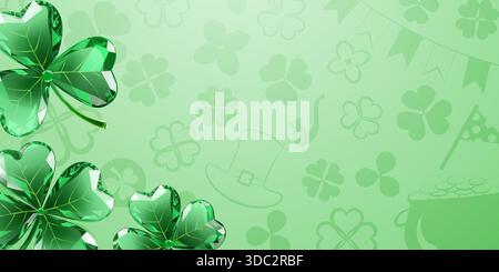 St Patricks Day theme, digital illustration, light green background with shamrocks and festive elements. Stock Vector