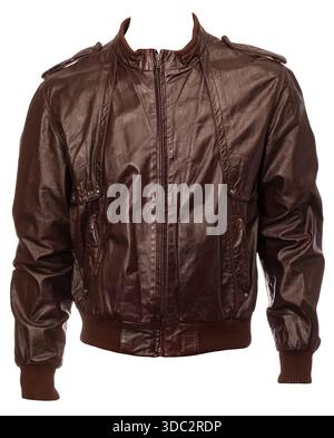 Brown leather bomber jacket template with zipper closure and ribbed cuffs isolated on a white background Stock Photo