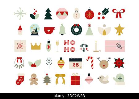 Geometric Christmas icon collection. Set of ornaments and holiday elements. Vector illustration, flat design Stock Vector