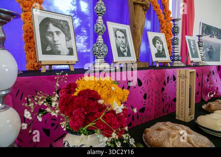 Puebla Mexico, InterContinental Presidente Puebla hotel, Day of the Dead Dia de Muertos altar, ofrenda display, marigold flowers, cempasuchil orange f Stock Photo