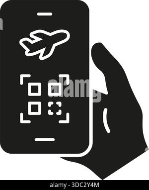 Smartphone Boarding Pass Solid Icon. Mobile Travel Ticket And Qr Code Scanning Silhouette Symbol. Digital Flight Check-In And Airport Services Stock Vector