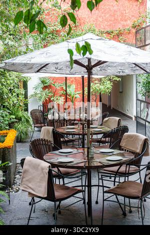 Puebla Mexico, historic Centro historico center centre, open air courtyard, restaurant patio, outdoor dining area, empty tables chairs, round wooden t Stock Photo