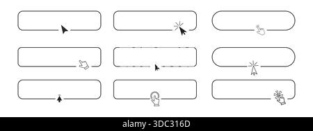 Register now line frame border with arrow, mouse pointer, Set Button click here, action for web, simple ui ux design element. Press, search box. Vector illustration Stock Vector