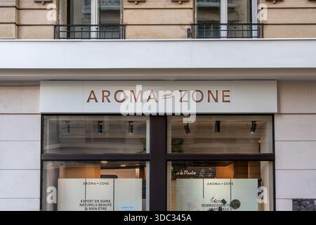 Facade of an Aroma-Zone store. Aroma-Zone is a French company specializing in natural skincare products for cosmetics, nutrition and well-being Stock Photo