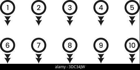Black Numbered Location Pin Solid Icon Set. Sequential Map Marker Silhouette Symbol Collection. Navigation, Geolocation, And Wayfinding Design Stock Vector