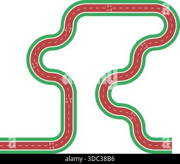 Vector element depicting an irregular cycling lane formed by rounded wave paths with grassy median, bike icon, and arrow direction. Stock Vector